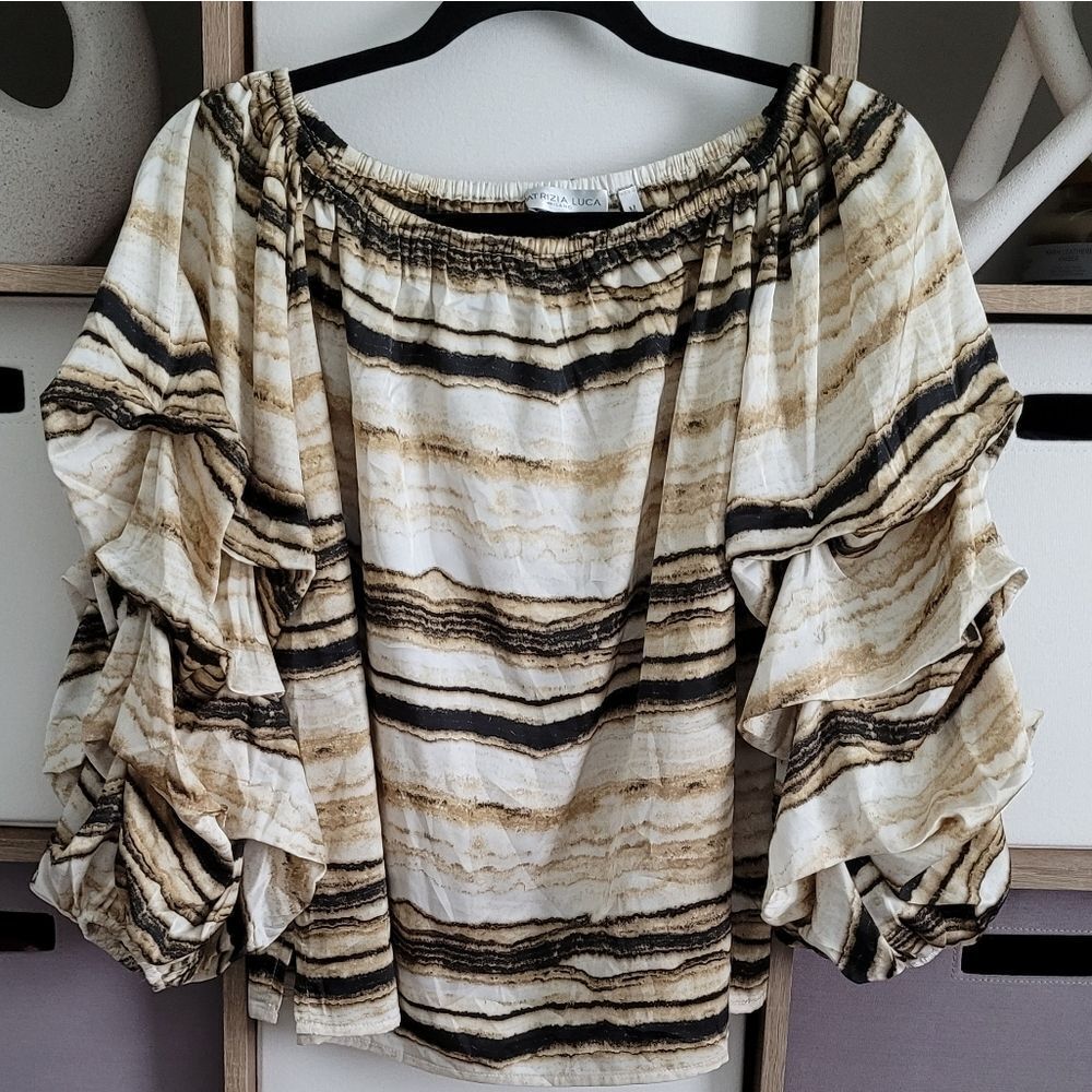 Patrizia Luca Beige and Black Ruffle Sleeve Blouse